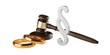 © Shawn Hempel - Wooden gavel, judges hammer or mallet with golden wedding rings and paragraph sign on white background, marriage or divorce law, legal or court symbol or concept