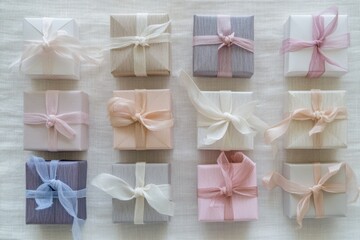 Poster - Handcrafted gift boxes in various pastel shades are neatly arranged, adorned with delicate ribbons, perfect for any celebration or occasion. Generative AI