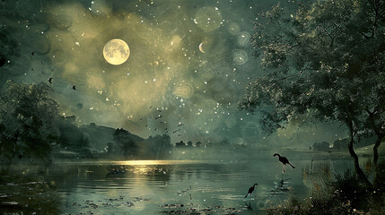 Wall Mural - an enchanting moonlit scene, with a tranquil lake, silvery moonlight, and shadowy figures moving thr