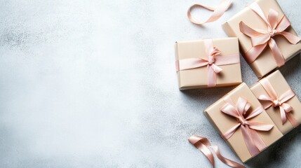 Poster - Handcrafted gift boxes in soft pastel tones showcase delicate ribbons, perfect for adding charm to any celebration or gifting moment. Generative AI