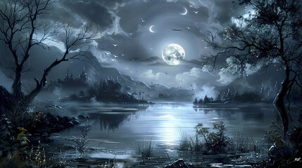 Wall Mural - an enchanting moonlit scene, with a tranquil lake, silvery moonlight, and shadowy figures moving thr