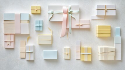 Poster - Delicate gift boxes in various sizes and colors feature pastel ribbons, perfect for celebrations like birthdays or weddings, arranged aesthetically. Generative AI