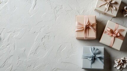 Poster - Beautifully designed gift boxes in soft colors feature delicate ribbons, perfect for special occasions and thoughtful gifting moments. Generative AI