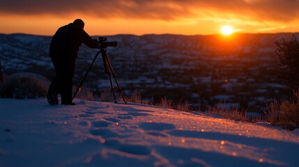 Canvas Print - Photographer capturing sunrise over snowy mountains.