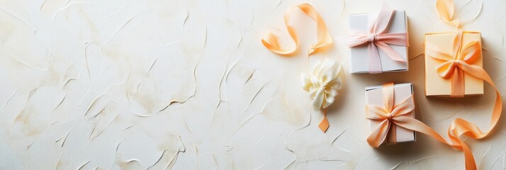 Poster - Delicate handcrafted gift boxes in soft colors are beautifully tied with pastel ribbons, adding a touch of elegance to the arrangement. Generative AI