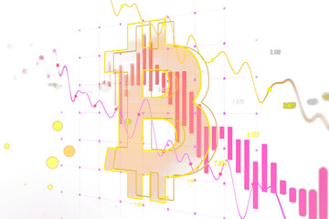 Aufkleber - Bitcoin symbol outlined in neon yellow with a digital stock market chart, holographic design, white background, abstract technology concept. 3D Rendering.