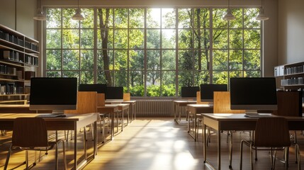 Wall Mural - Sunlit classroom with computers.