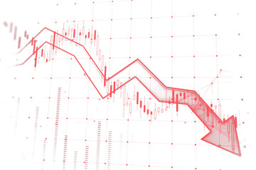 Fototapete - Red downward arrow with candlestick chart, white background, concept of stock market crash, financial crisis, trade loss, and recession. 3D Rendering.