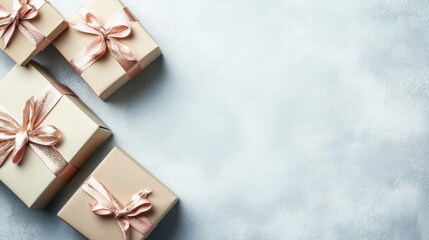 Poster - Handcrafted pastel ribbon gift boxes are neatly arranged on a soft surface, perfect for gifting on birthdays, weddings, or holidays. Generative AI