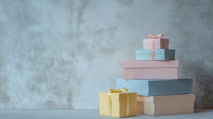 Aufkleber - Handcrafted paper gift boxes in pastel colors are beautifully stacked with ribbons, creating an elegant display against a textured backdrop. Generative AI