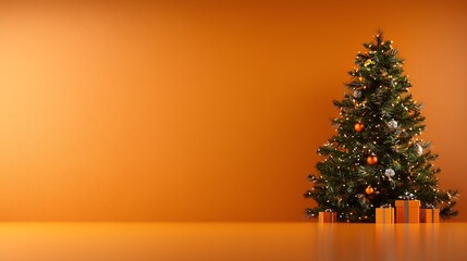 Wall Mural - Festively decorated Christmas tree with orange backdrop