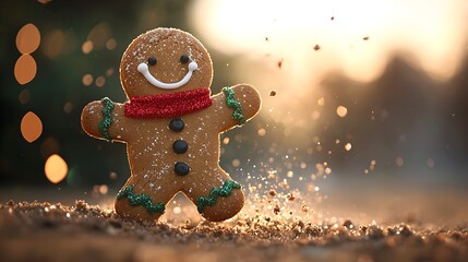 Wall Mural - Cheerful gingerbread man with festive decorations in sunlight