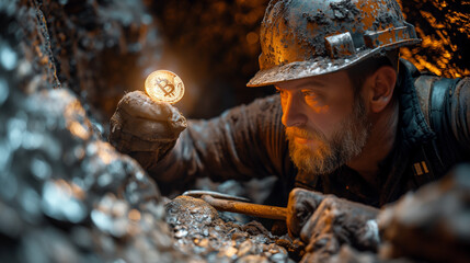 Wall Mural - Miner examining a Bitcoin token in a dark tunnel. Crypto mining concept. 