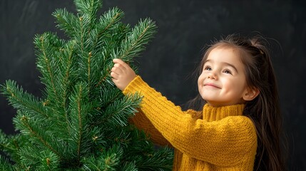 Wall Mural - Joyful girl decorating a Christmas tree at home