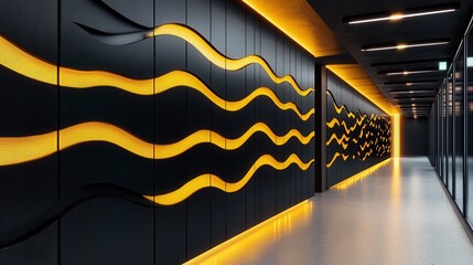 Poster - Vibrant Geometric Passage   Abstract Modern Architectural Hallway with Flowing Curves and Bold Lighting