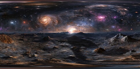 Wall Mural - A 360-degree equirectangular projection space environment map, complete with a background of nebulae and stars, rendered in HDRI spherical panorama format.