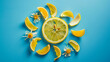 © mahamad - Sun made of lemon and yellow flower petals on a bright blue background. Fruit summer minimal concept.