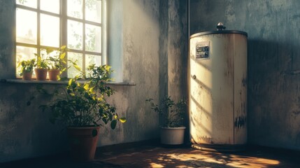 Wall Mural - Sunlit room with old water heater.