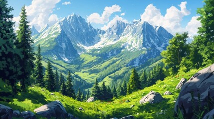 Poster - Sunny alpine valley with snow-capped mountains, lush green meadows, and evergreen forests.