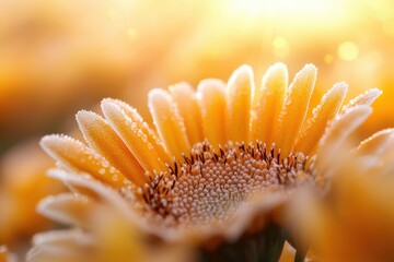 Canvas Print - Close-up of a vibrant yellow flower with dewdrops glistening in the sunlight, showcasing intricate petals, textures, and natural beauty in a soft blurred background