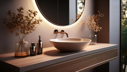 Sticker - elegant vanity with glass sink bowl backlit mirror modern bathroom interior with minimalist sink and mirror light 3d render