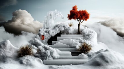 Wall Mural - Surreal snowy landscape with stairs, red tree, and icy structure.