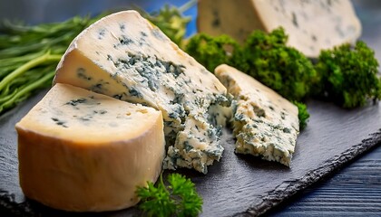 Canvas Print - Close-Up of Assorted Blue Stilton Cheese on Wooden Board with Fresh Herbs