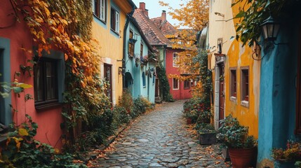  Colorful cobblestone street with ivy-covered houses, autumn scenery in quaint village, charming vibrant neighborhood, peaceful European architecture, rustic alley, picturesque fall atmosphere.