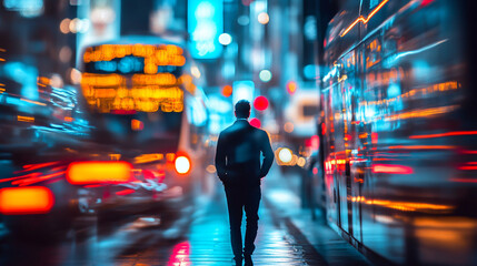 Poster - Businessman walking away in illuminated city street at night with blurred traffic and light trails, long exposure