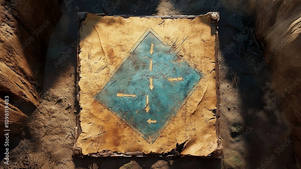 Aged parchment map with directional arrows, worn texture, earth ...