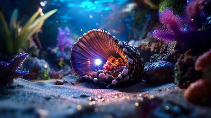 Wall Mural - Underwater seashell scene with glowing light.