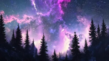 Wall Mural - a purple sky with clouds and trees. the trees are dark and the sky is full of stars