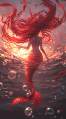 Wall Mural - playful mermaid with flowing red hair swims gracefully in ocean, surrounded by bubbles and vibrant colors. enchanting scene captures beauty of underwater life