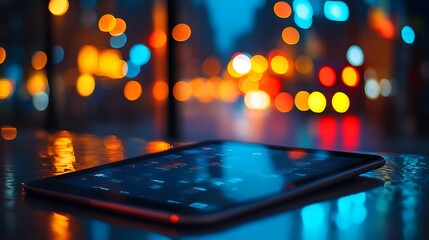 Wall Mural - tablet displaying data against city lights background