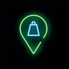 Wall Mural - Glowing neon location pin icon with a shopping bag symbol inside, on a black background