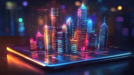 Wall Mural - neon cityscape hologram on modern tablet device