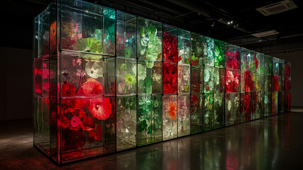 A three-dimensional installation made of colorful glass panels, with the art installation taking up an entire wall in a dark space.