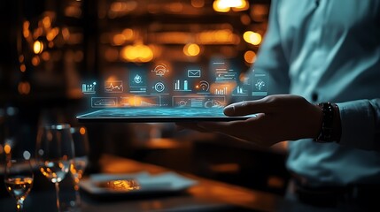 Wall Mural - businessman holding tablet showing digital data analytics