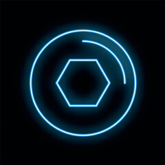 Sticker - Blue neon light in the shape of a hexagon glowing inside a circle on a black background