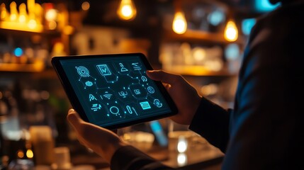 Wall Mural - person using tablet displaying smart technology interface