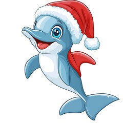 Wall Mural - Cartoon Santa dolphin calf isolated on a white background.