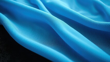 A close-up of a blue fabric with a hexagonal mesh pattern, creating a soft, flowing texture and a sense of depth.