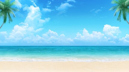 Wall Mural - Vibrant Tropical Beach Scene with Turquoise Waves and Palm Trees Beneath a Bright Blue Sky Showcasing a Serene Coastal Atmosphere