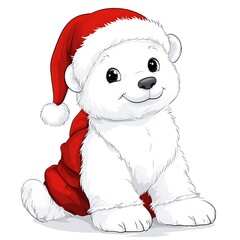 Wall Mural - Cartoon Santa polar bear cub isolated on a white background.