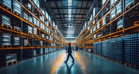 Aufkleber - Modern Warehouse Interior With Endless Aisles Of Stocked Shelves And Industrial Lighting : Generative AI