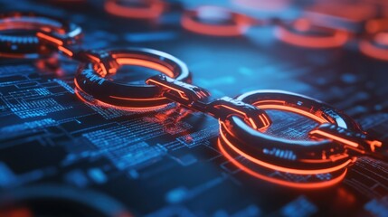 Poster - 3D representation of blockchain technology with interconnected circular digital elements, visualizing secure data transfer.