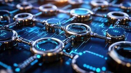 Poster - 3D representation of blockchain technology with interconnected circular digital elements, visualizing secure data transfer.