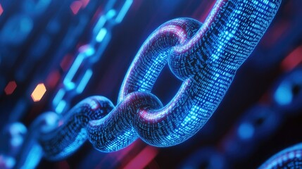 Poster - 3D representation of blockchain technology with interconnected circular digital elements, visualizing secure data transfer.