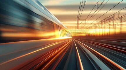 Poster - High Speed Modern Train Racing on Tracks with Vibrant Sunset Backdrop : Generative AI