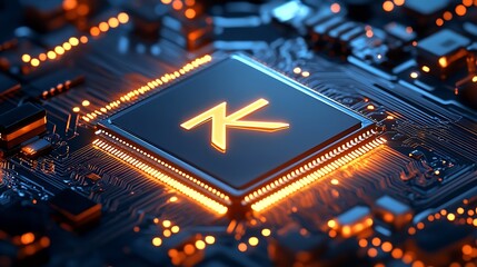 Leinwandbilder - Modern orange illuminated microchip with digital motherboard connections : Generative AI